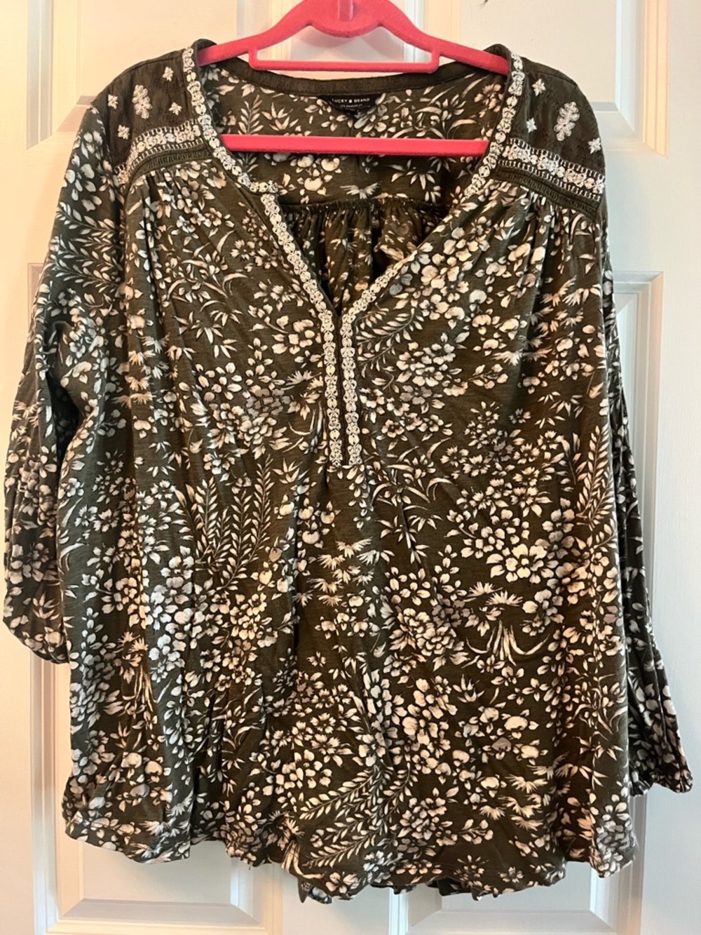 Lucky Brand Olive Green Floral Peasant Tunic